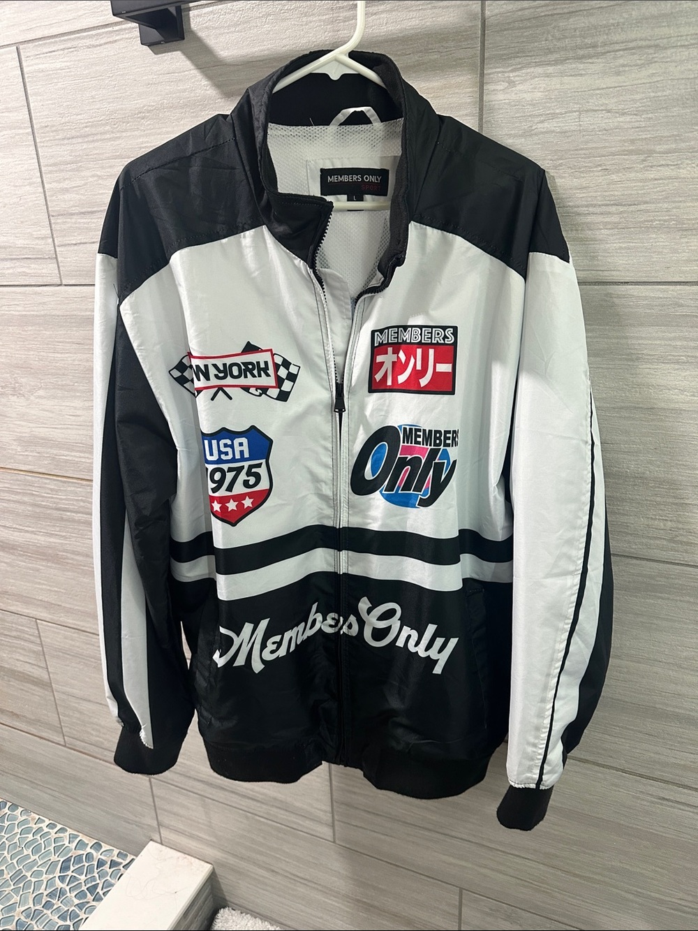 Members Only Black and White Racing Patch Windbreaker